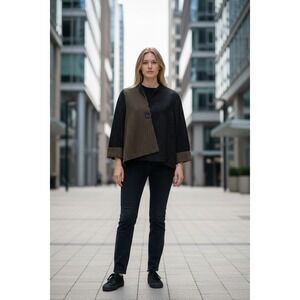 Yushi Artsy Lagenlook Asymmetrical Quilted Swing Jacket Black Tan Striped XL